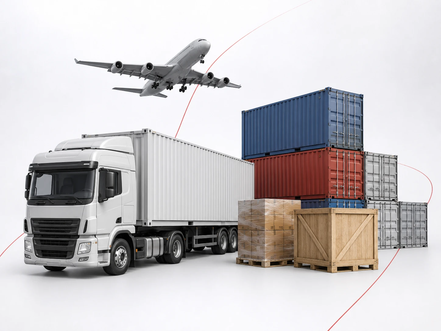 Illustration of an international cargo truck and container route