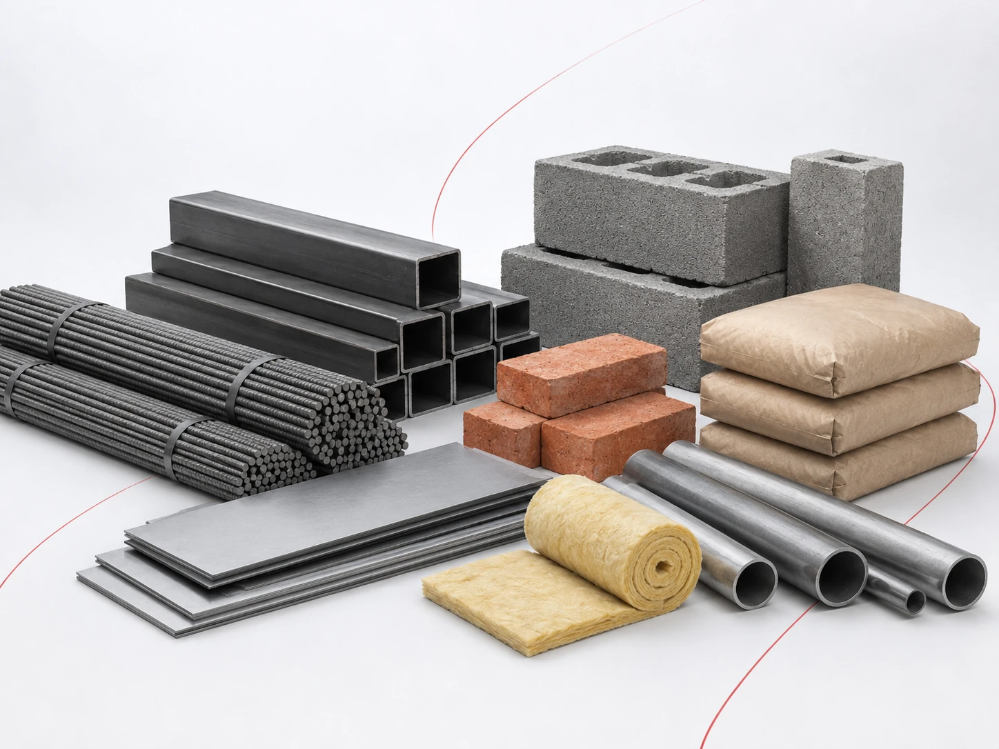 Illustration of construction panels, bricks, sheet materials and waterproofing rolls