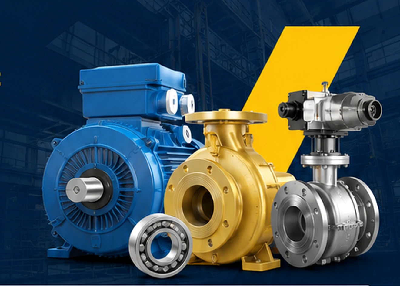 Industrial electric motor, pump, bearing and process valve prepared for supply